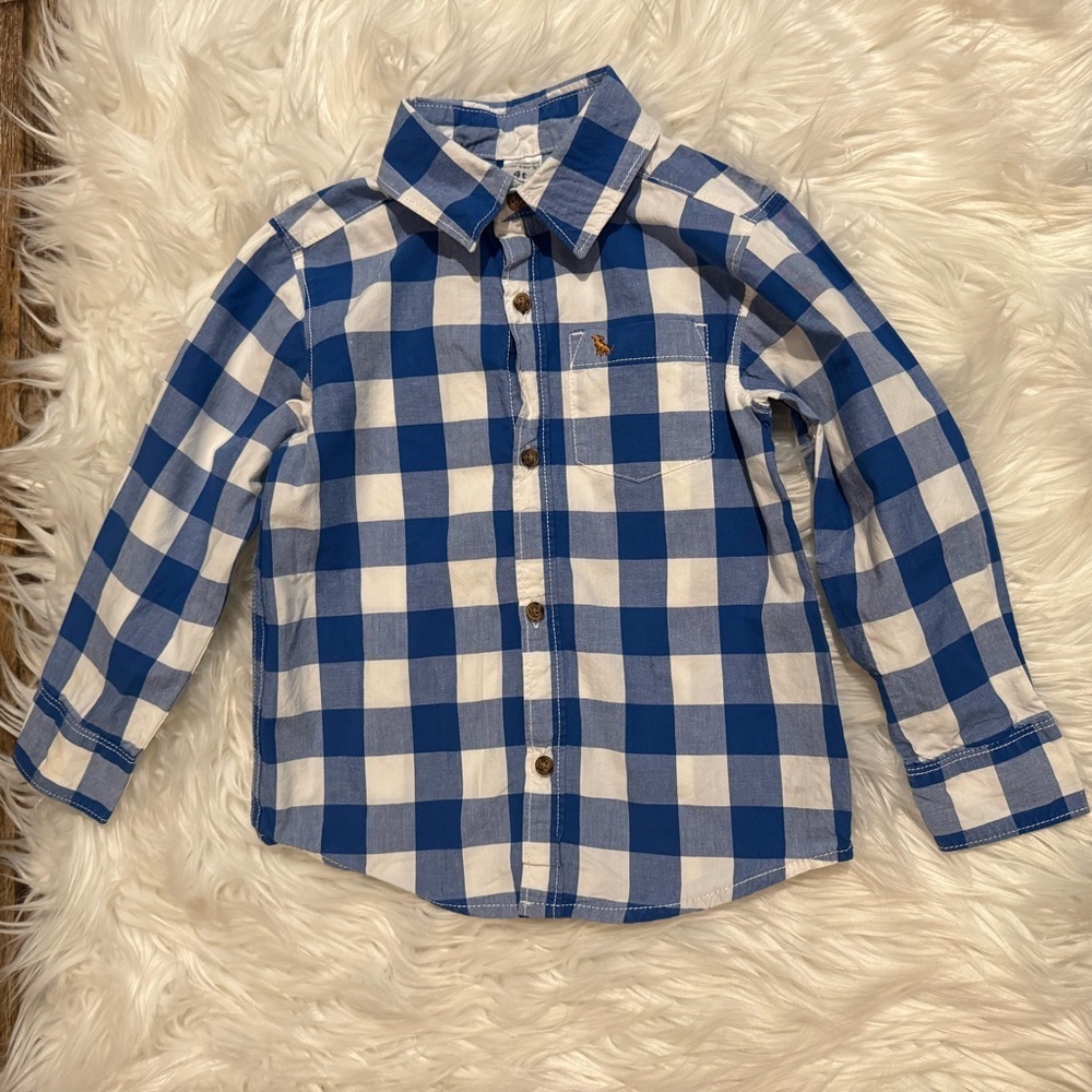 Carter’s Boys 4T Blue White Plaid Button Up Shirt Long Sleeve Cotton EUC